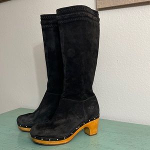 UGG Black Suede Boots with Wooden Heel